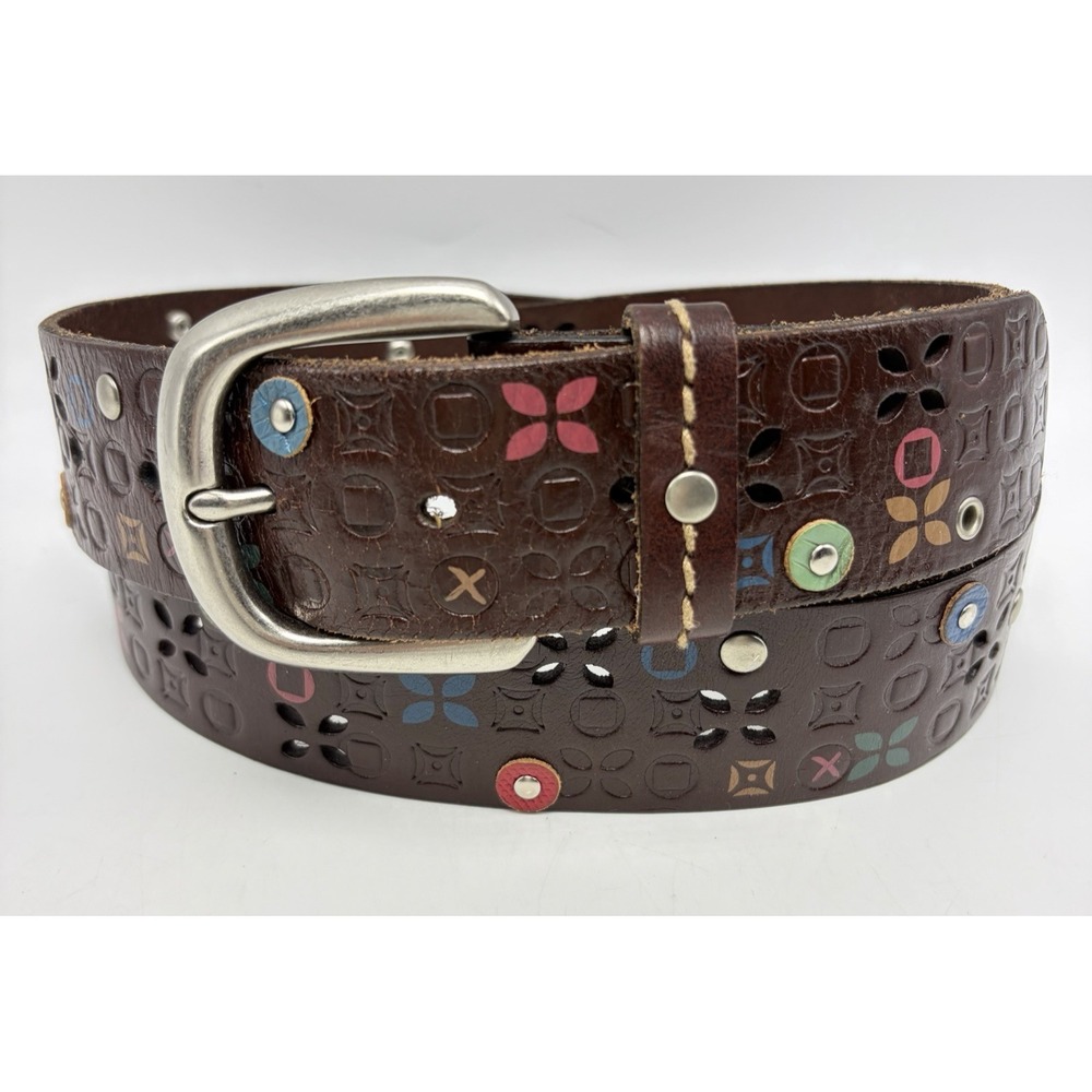 Vintage Fossil Floral Laser Cut Belt Women Large Brown Leather Boho Silver Tone
